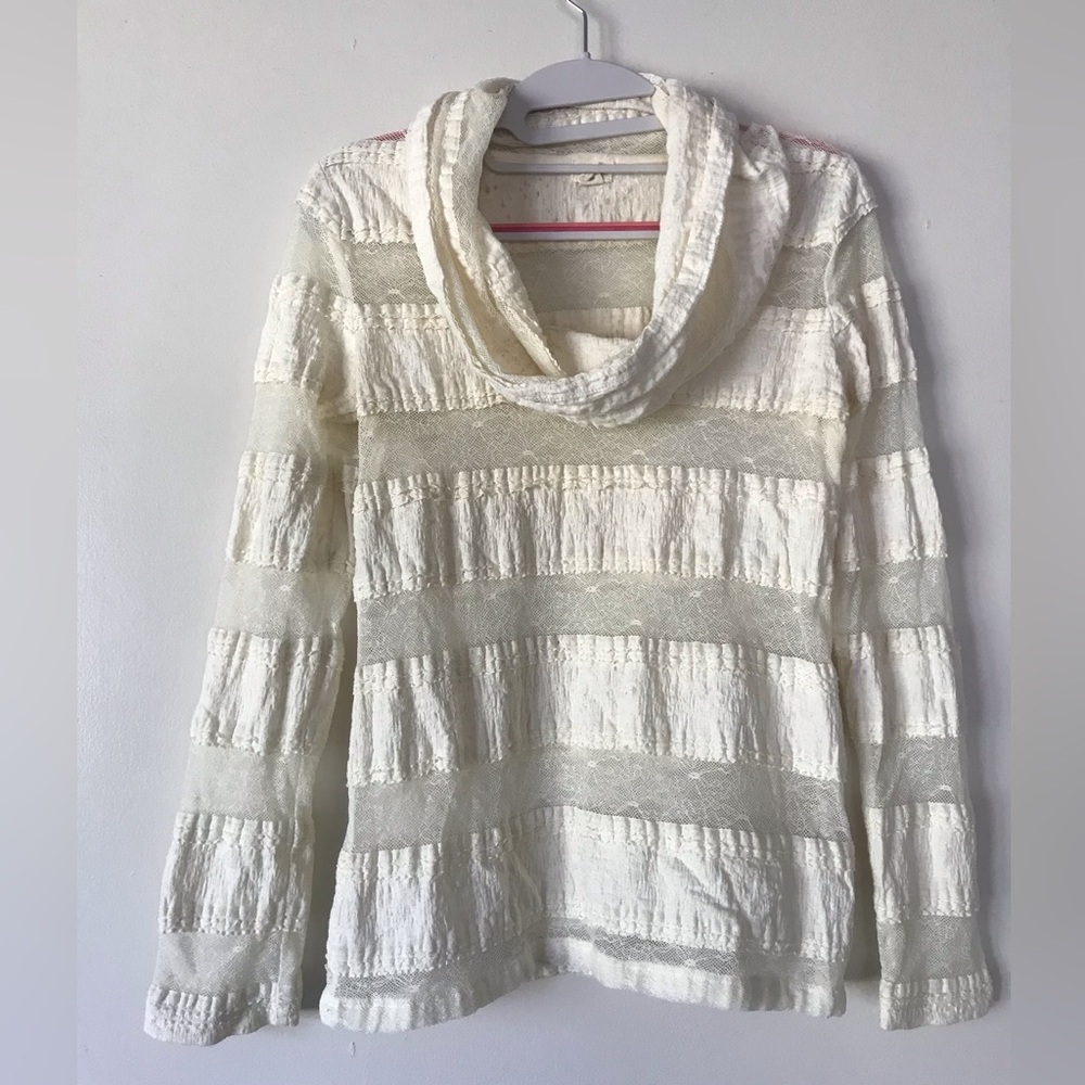 Tiny (Anthropologie) Cowl Neck Textured Striped Sheer Lace Blouse